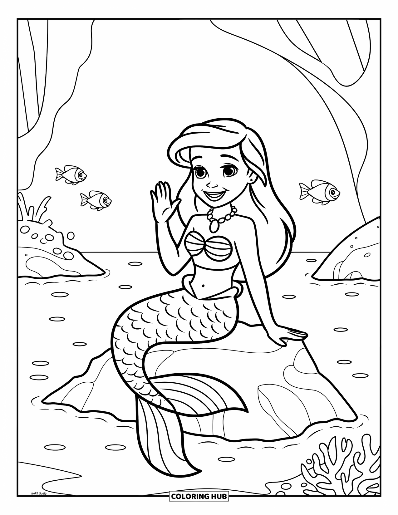 Fantasy Coloring Page for Kids: A mermaid with a necklace waves near fish and coral by the sea