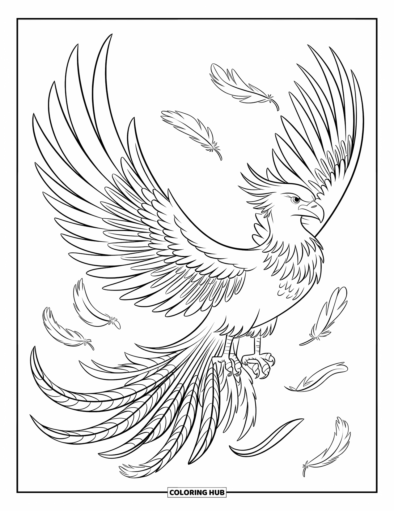 Fantasy Coloring Page for Kids: A phoenix flies high through the sky with feathers swirling around