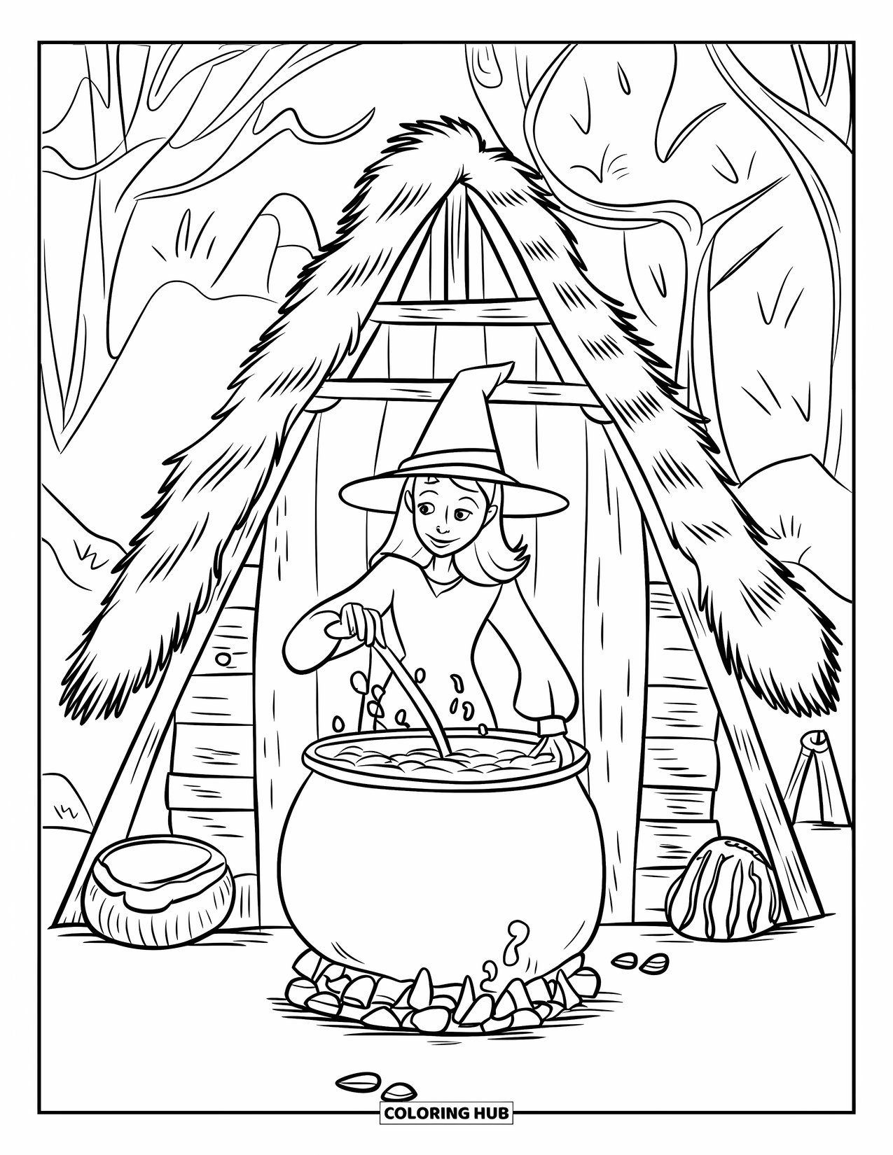 Fantasy Coloring Page for Kids: A pointy-hat witch stirs a bubbly cauldron in her rustic forest cabin