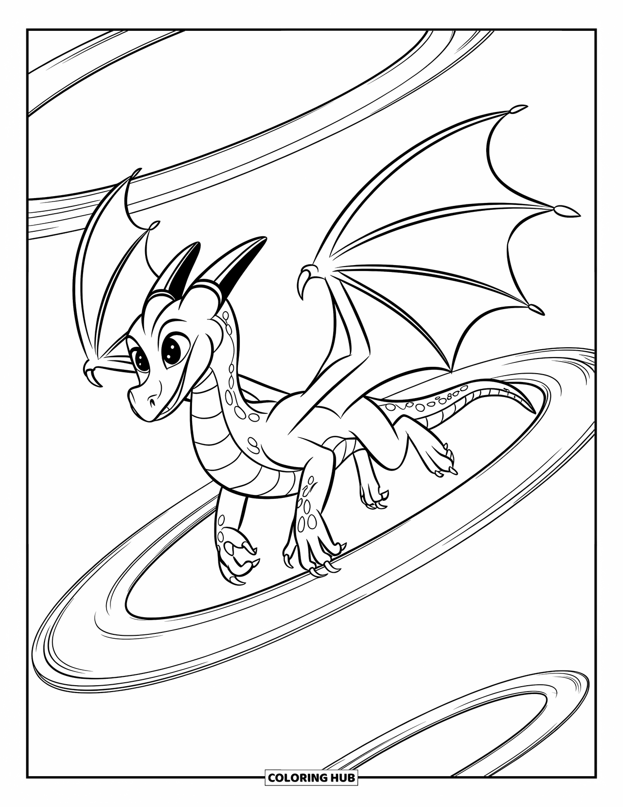 Fantasy Coloring Page for Kids: A sleek dragon glides through floating magical rings in the sky