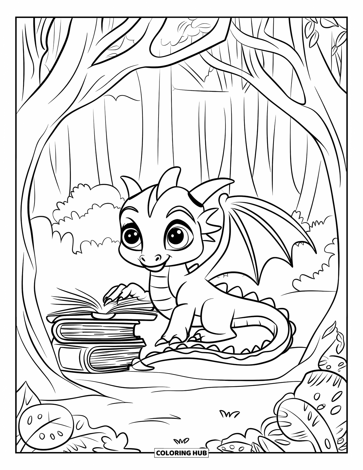 Fantasy Coloring Page for Kids: A small dragon protects its book pile deep in the woods
