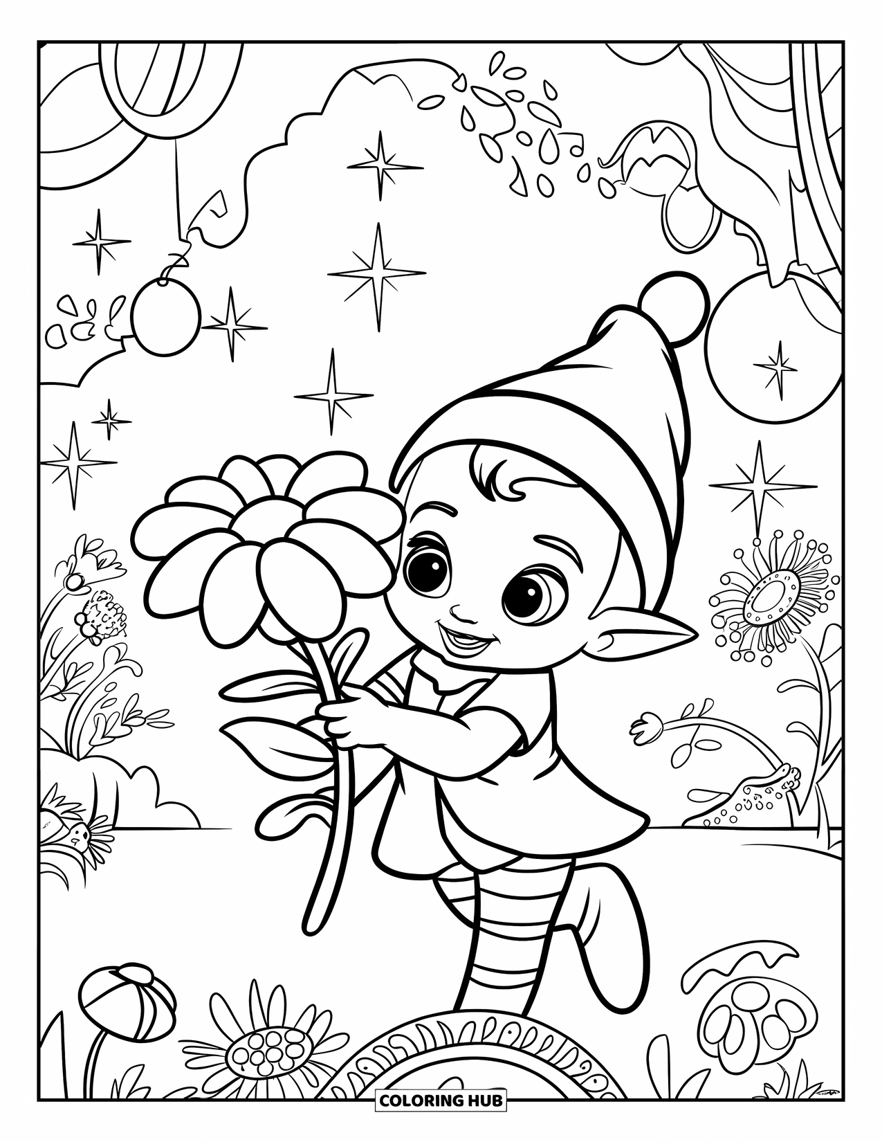 Fantasy Coloring Page for Kids: A smiling baby elf lifts a flower in a cheerful garden