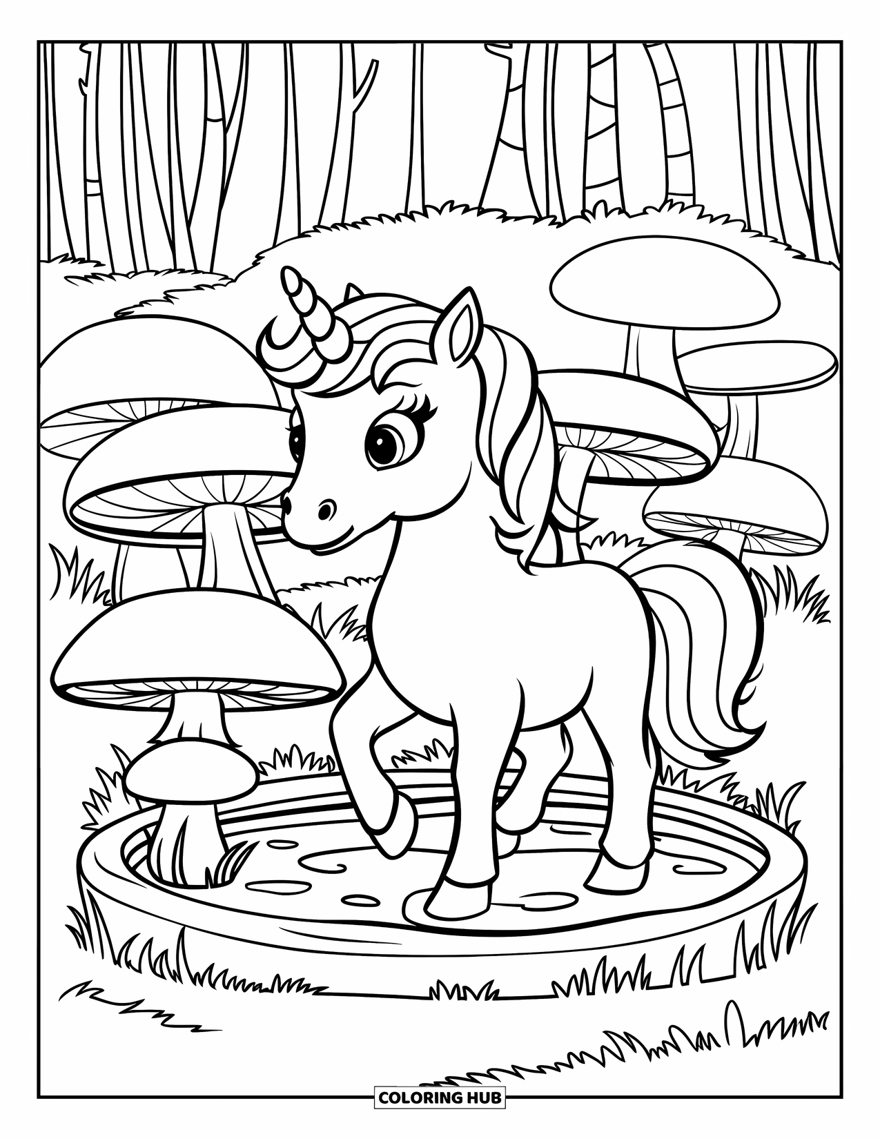 Fantasy Coloring Page for Kids: A smiling unicorn with a pink mane stands near a mushroom-ringed pond