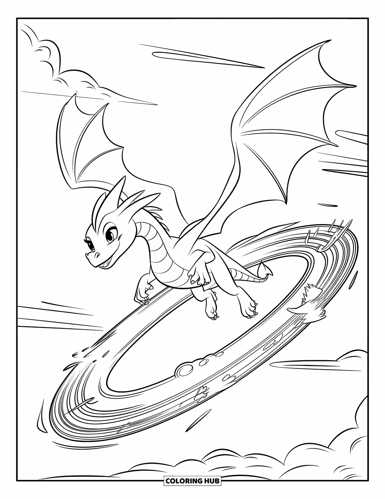 Fantasy Coloring Page for Kids: A teenage dragon flies through mystical sky rings with ease
