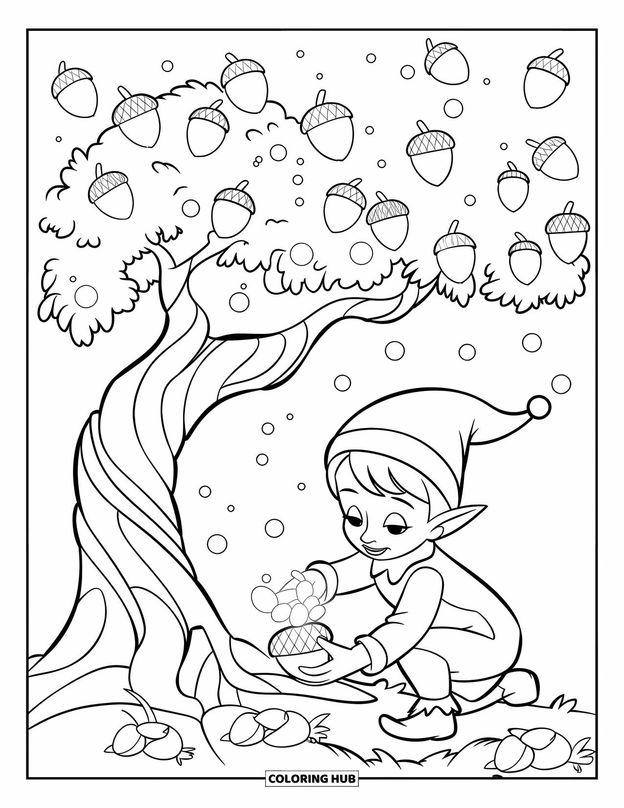 Fantasy Coloring Page for Kids: A tiny elf collects glowing acorns under a sparkling tree in the woods