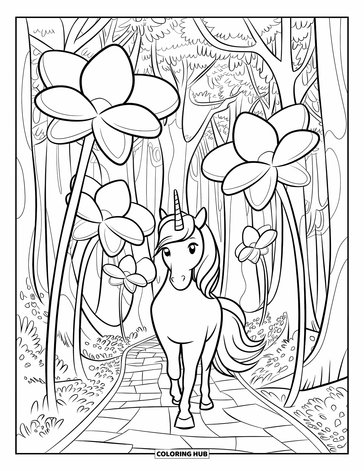 Fantasy Coloring Page for Kids: A unicorn glides along a glowing flower path in the woods