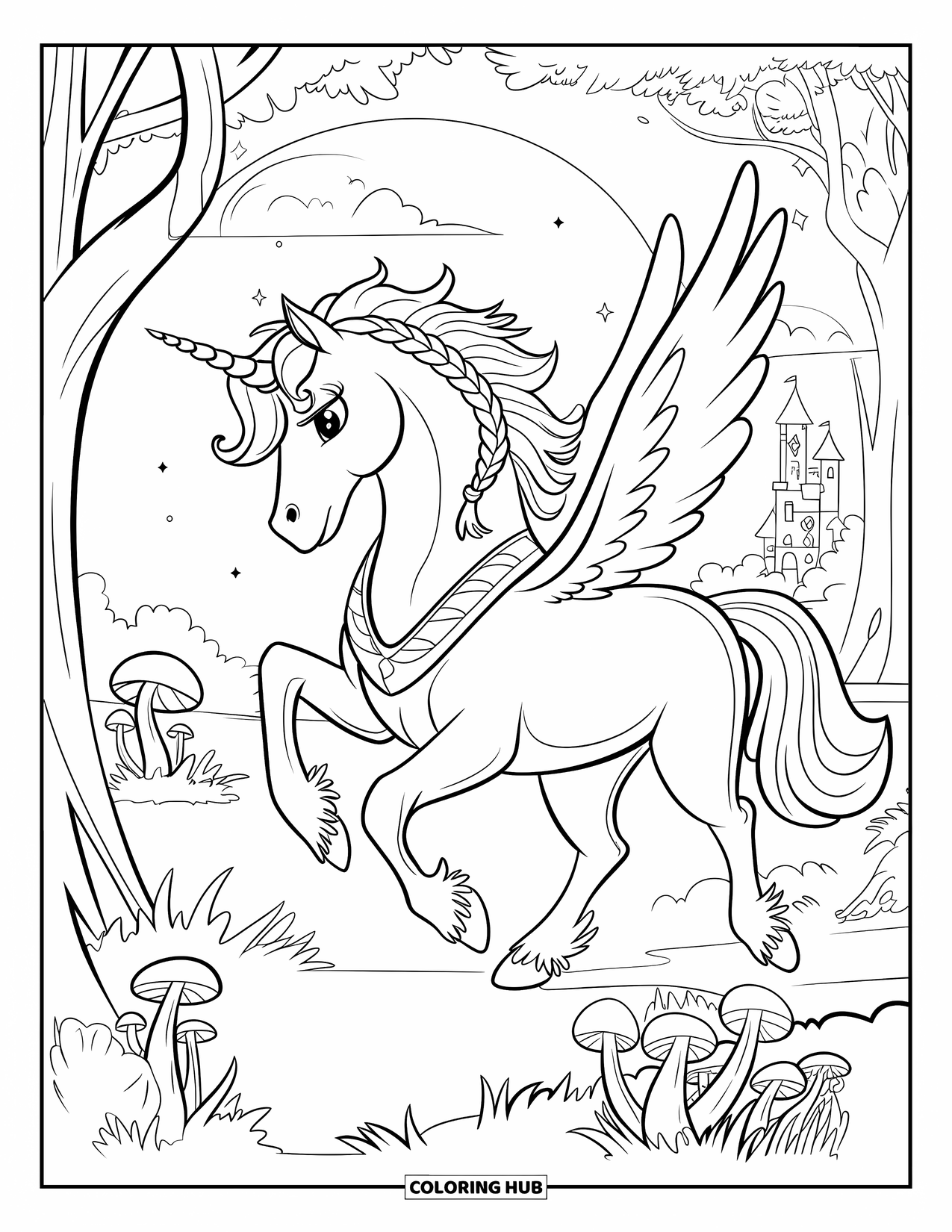 Fantasy Coloring Page for Kids: A unicorn with wings and a crown walks through a forest of glowing mushrooms