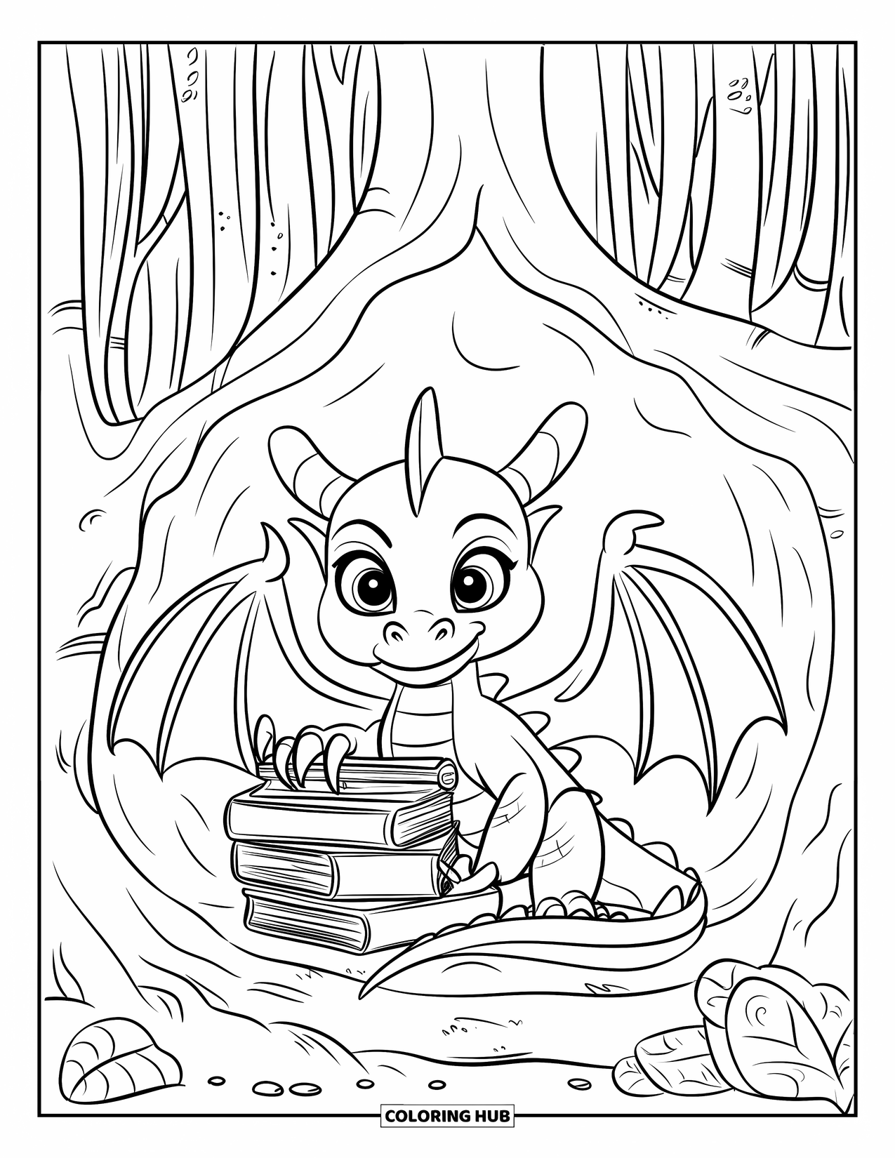 Fantasy Coloring Page for Kids: A young dragon guards books and potions in a quiet forest nook