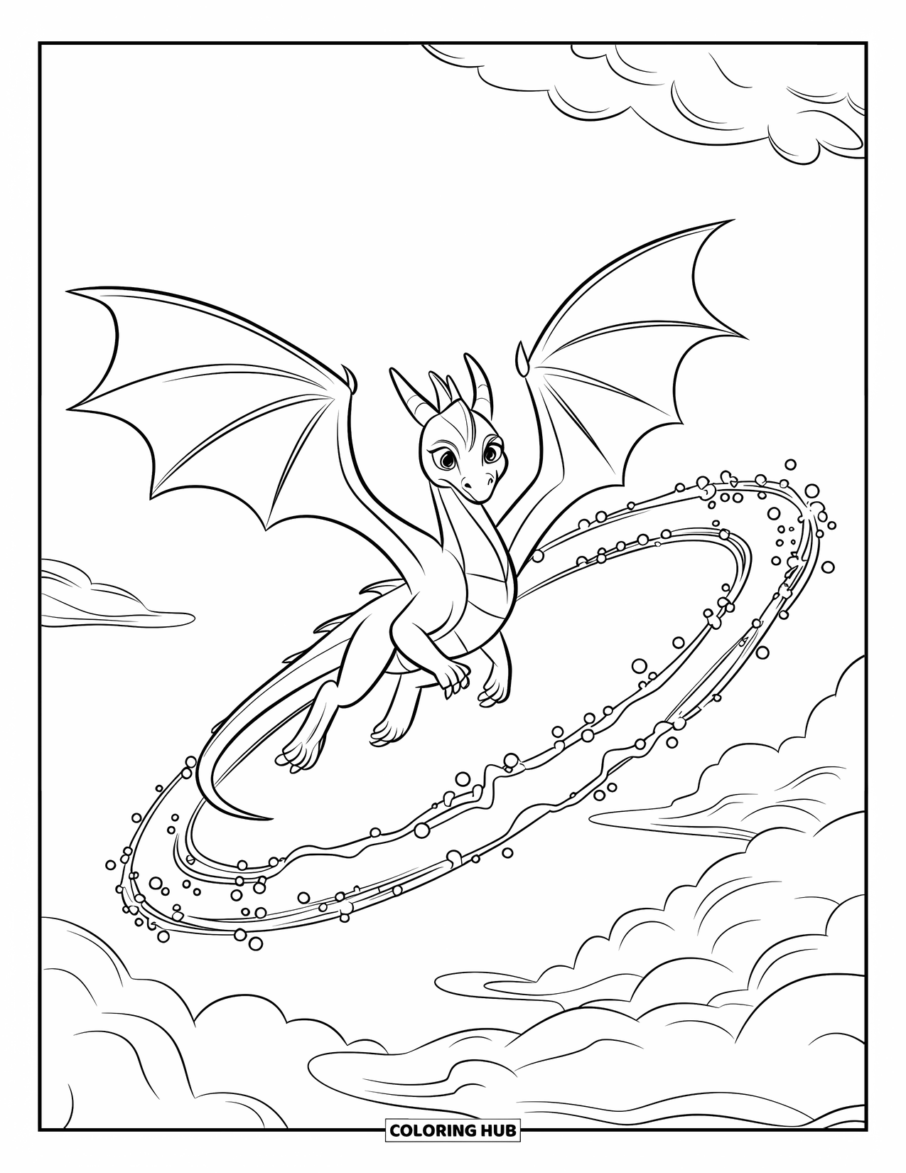 Fantasy Coloring Page for Kids: A young dragon soars through glowing rings and fluffy clouds