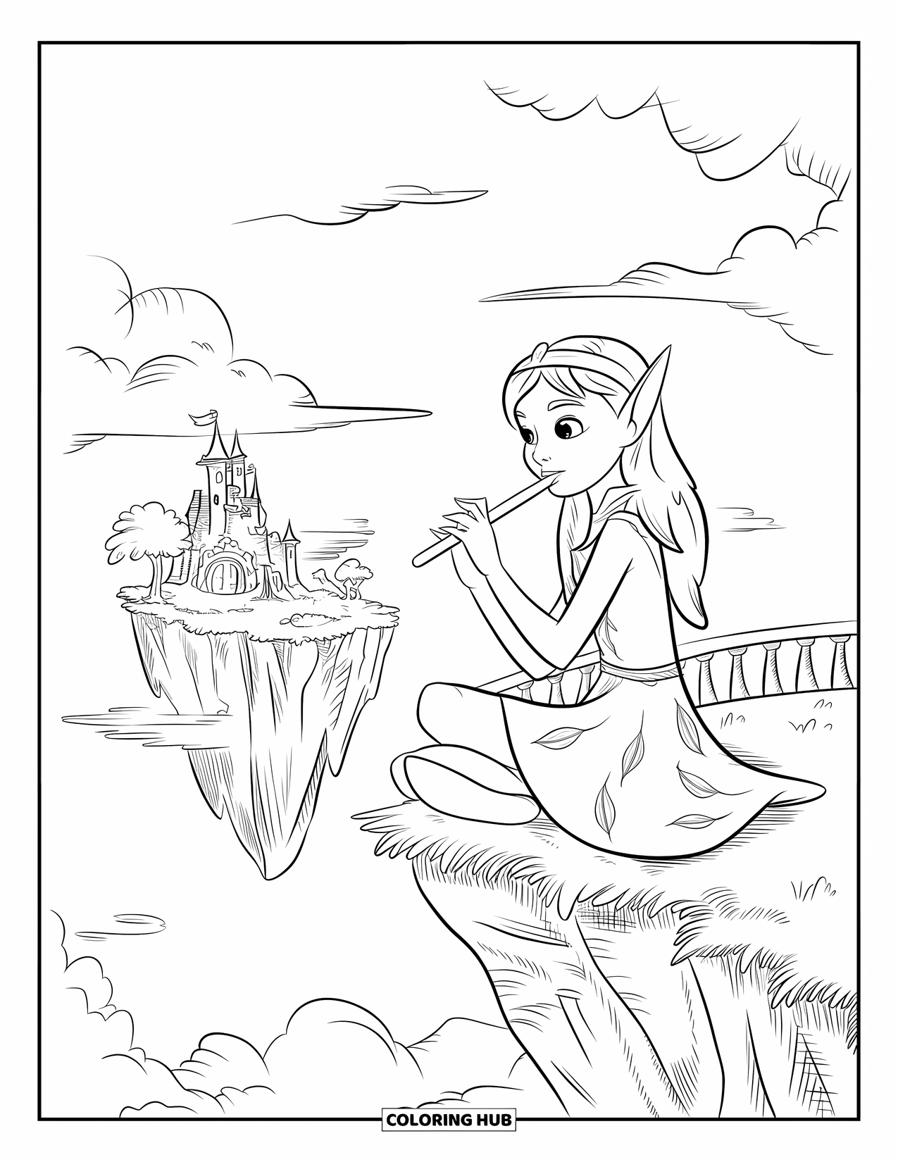 Fantasy Coloring Page for Kids: An elf girl plays a flute while sitting near a hovering island with a castle