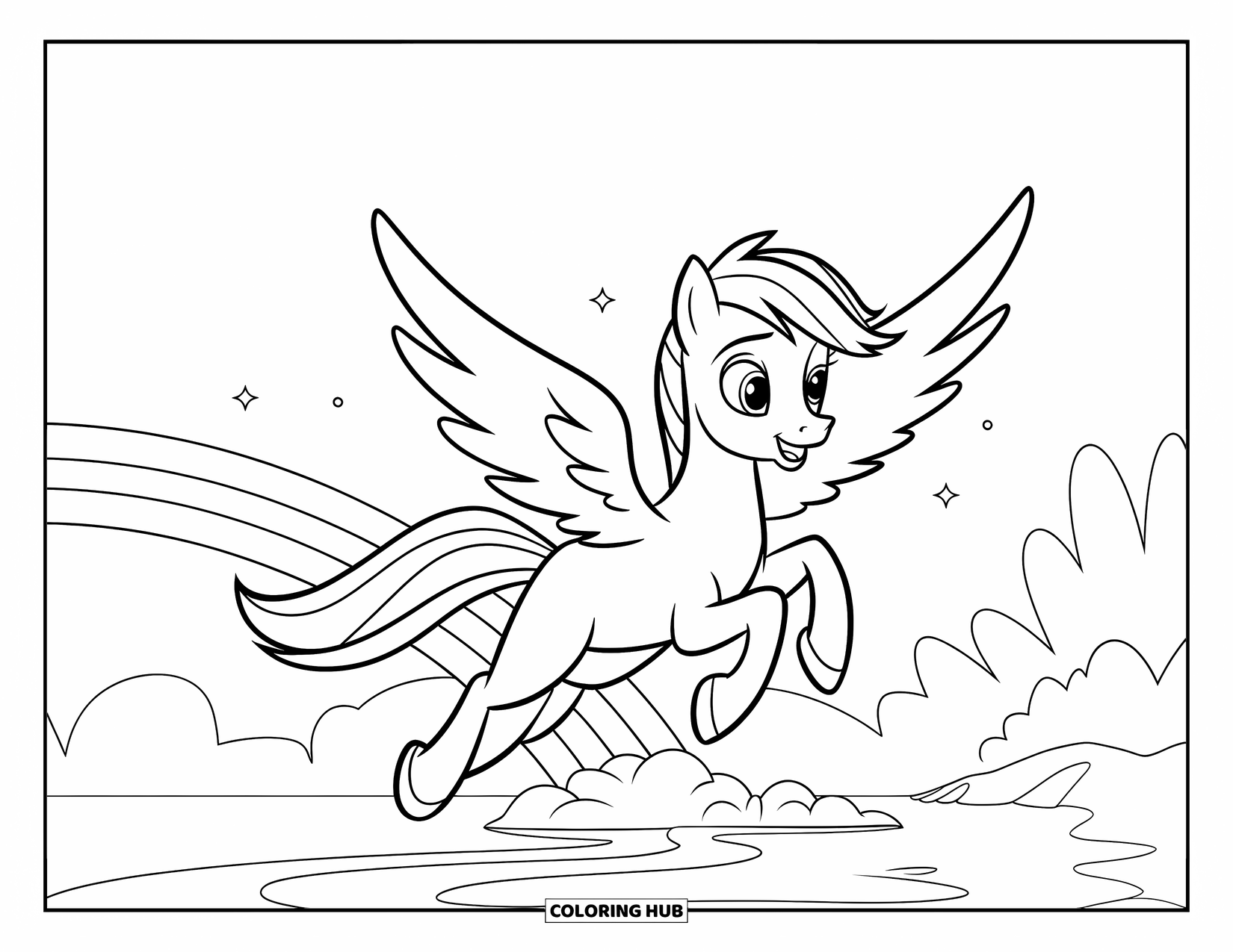 Fantasy Coloring Page for Kids: Pegasus flies around a soft rainbow near a floating island
