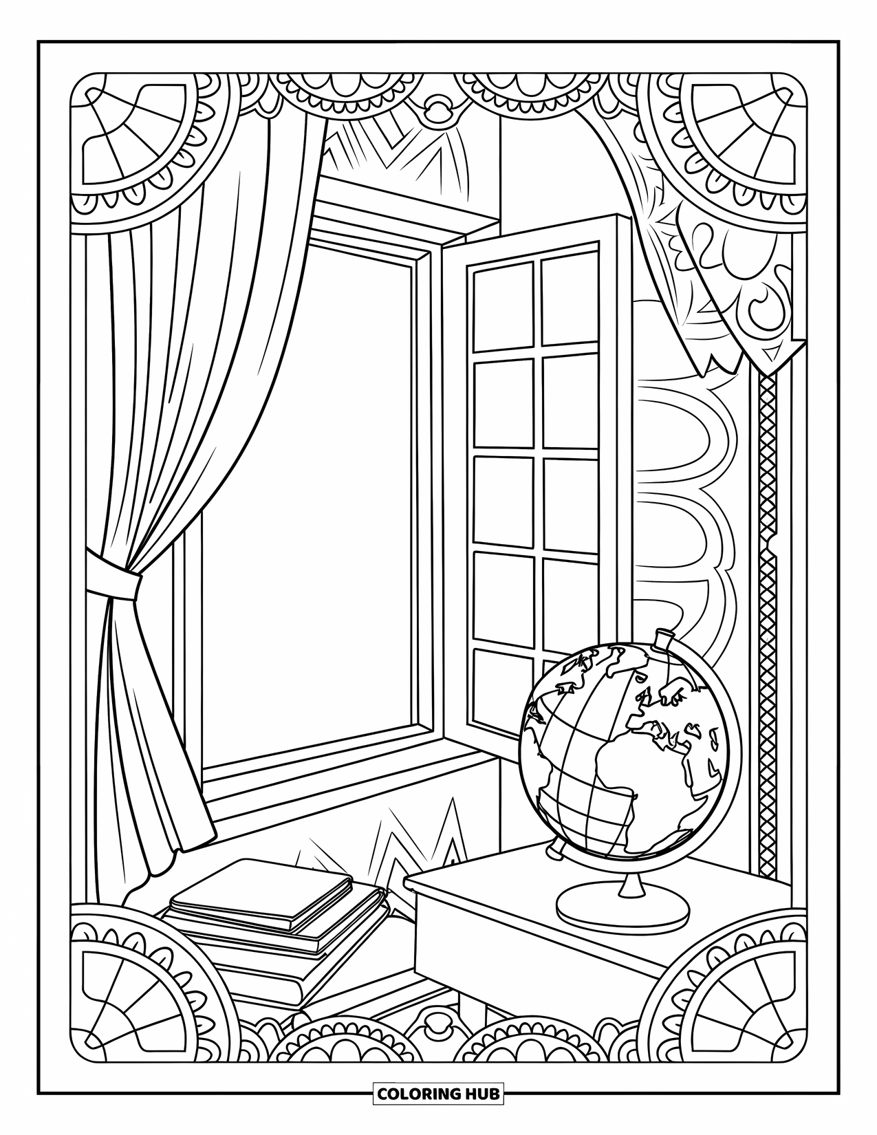 First Day Of School Coloring Page for Adults: A calm classroom corner with sunlight, globe, books, and an empty desk by the window