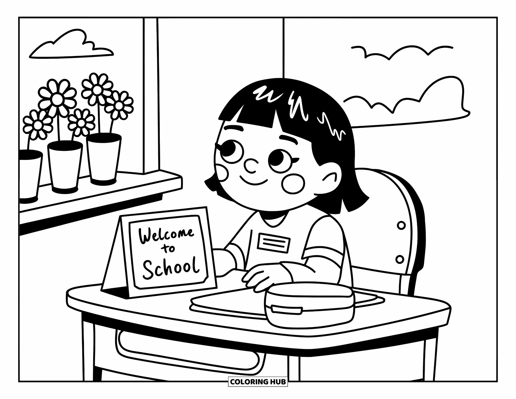 First Day Of School Coloring Page for Adults: A cheerful student sits by a welcome card with a lunchbox and daisies on the windowsill