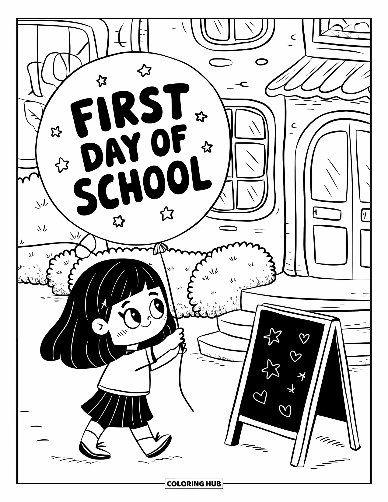 First Day Of School Coloring Page for Adults: A chibi girl carries a big balloon as she heads to a cozy school building