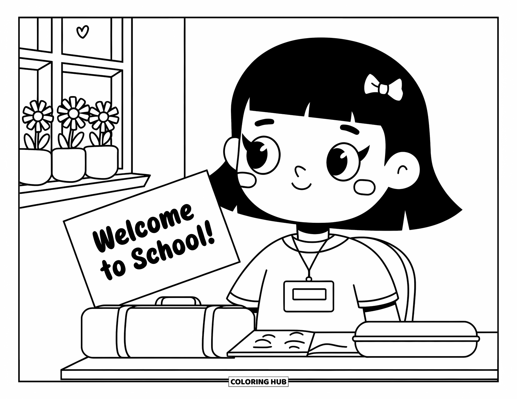 First Day Of School Coloring Page for Adults: A kawaii student sits at their desk with a welcome card and potted daisies behind them
