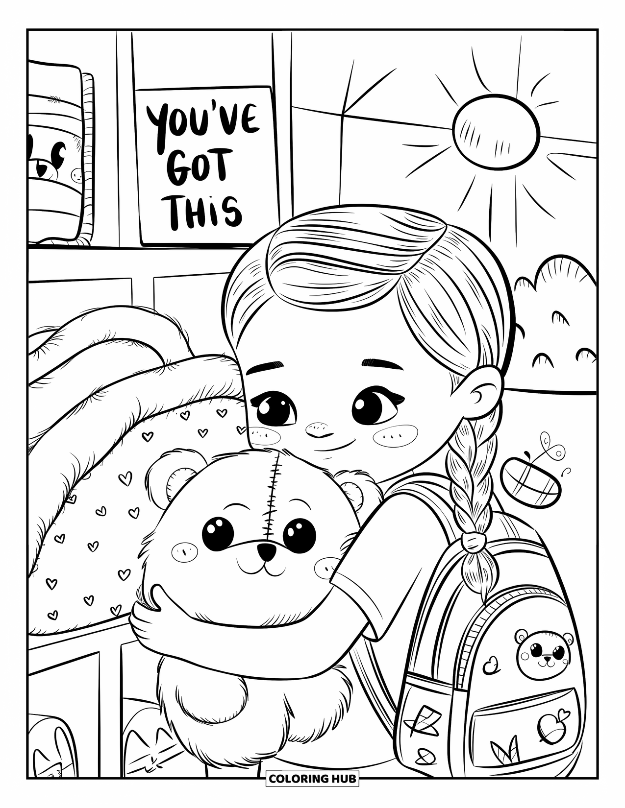 First Day Of School Coloring Page for Adults: A little girl holds her toy near a cubby with a blanket and sunlit window behind her