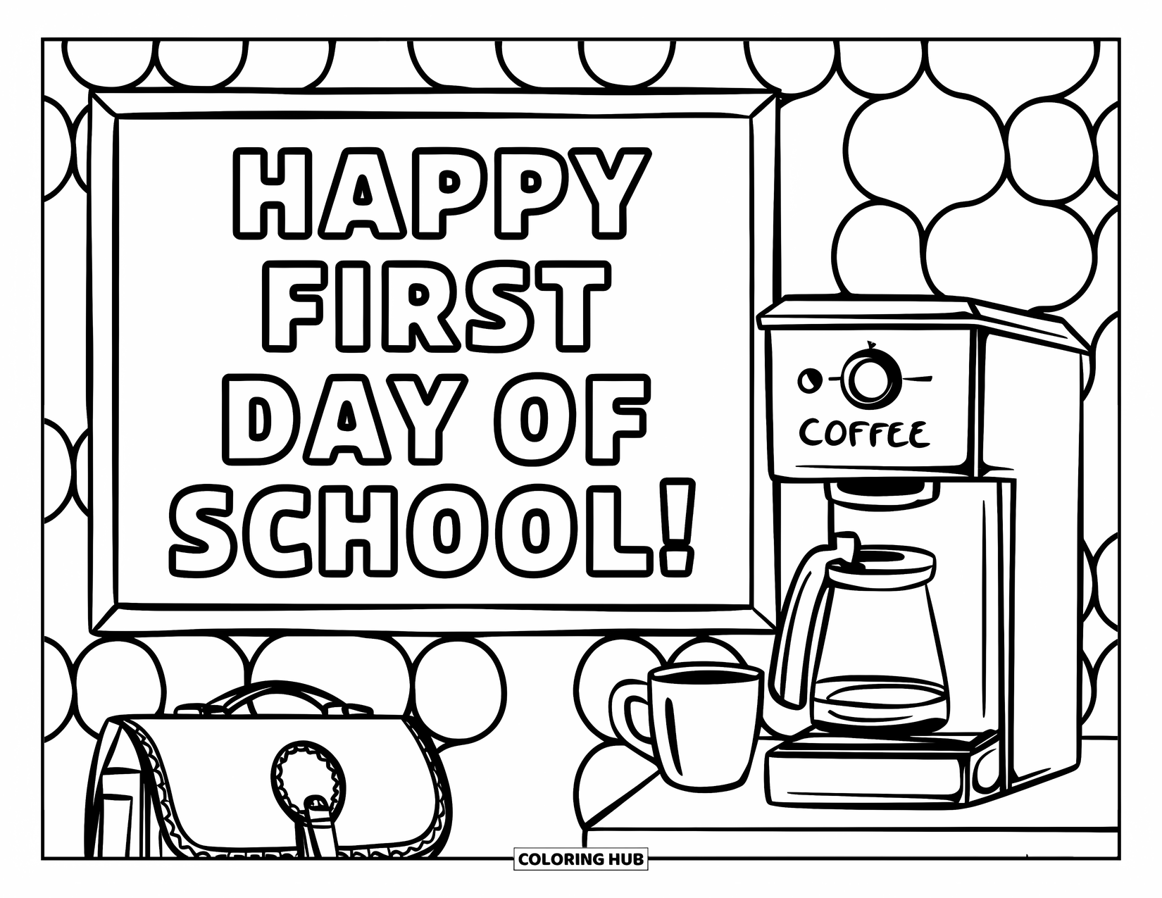 First Day Of School Coloring Page for Adults: A relaxing lounge with a coffee mug, satchel, and a happy first day bulletin board