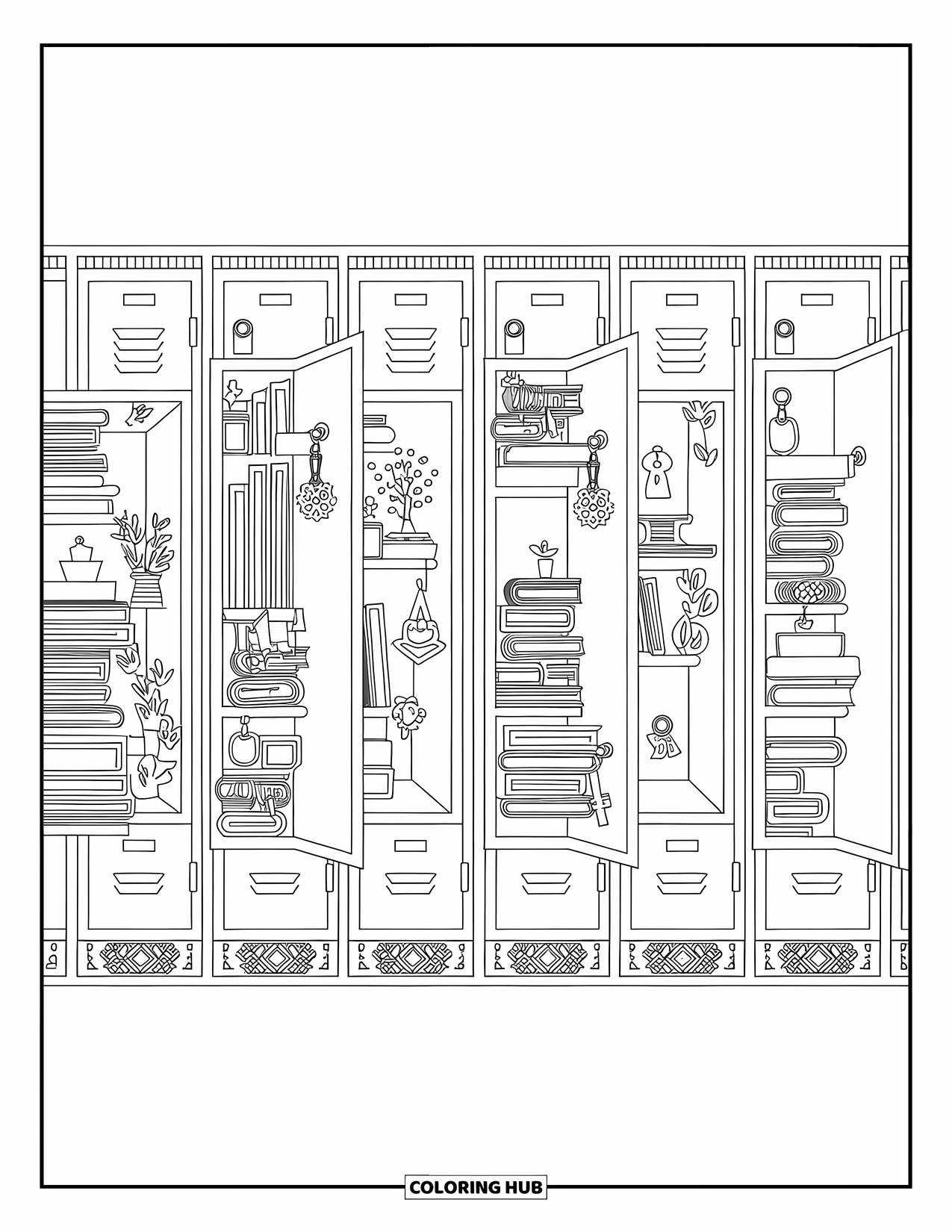 First Day Of School Coloring Page for Adults: A row of lockers filled with books, plants, and keychains, each decorated differently