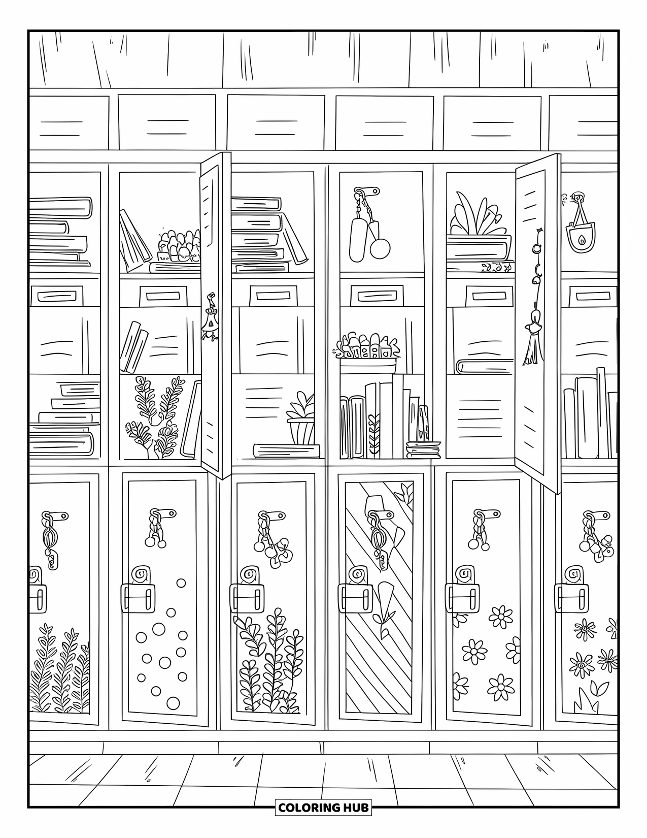 First Day Of School Coloring Page for Adults: A row of lockers with patterned doors, each filled with books and small plants