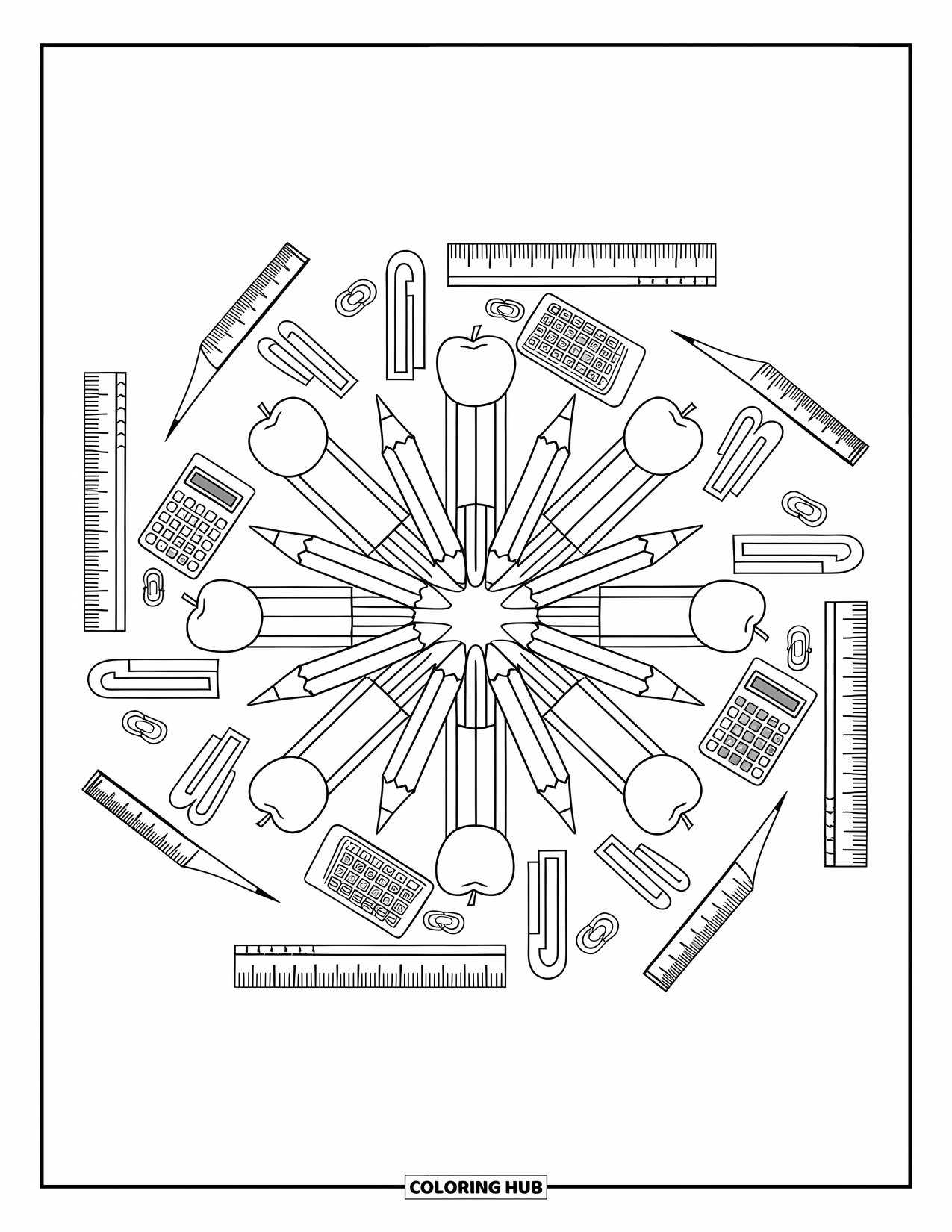 First Day Of School Coloring Page for Adults: A school supply mandala made of rulers, pencils, apples, calculators, and paperclips