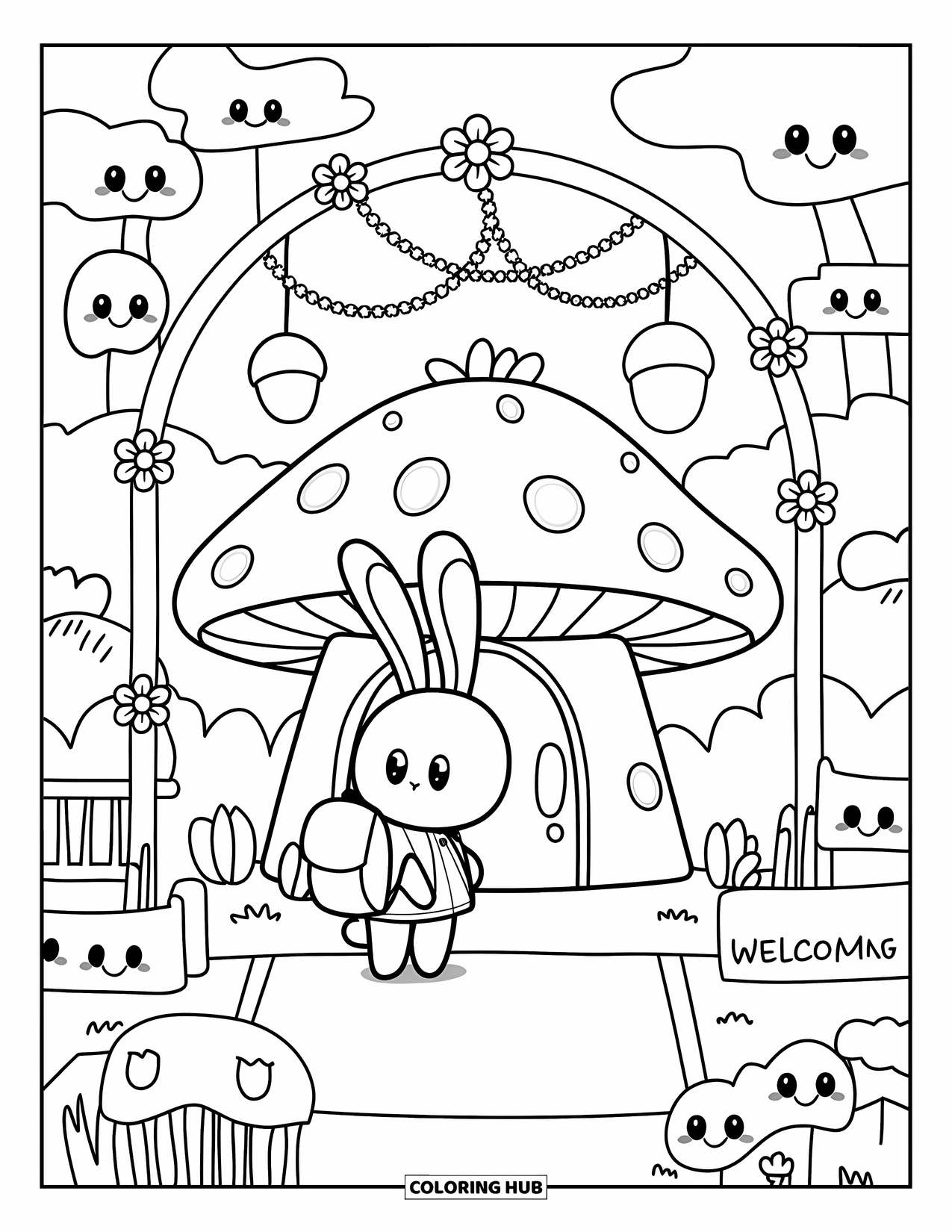 First Day Of School Coloring Page for Adults: A shy bunny stands by a mushroom school with flower garlands and smiling clouds around