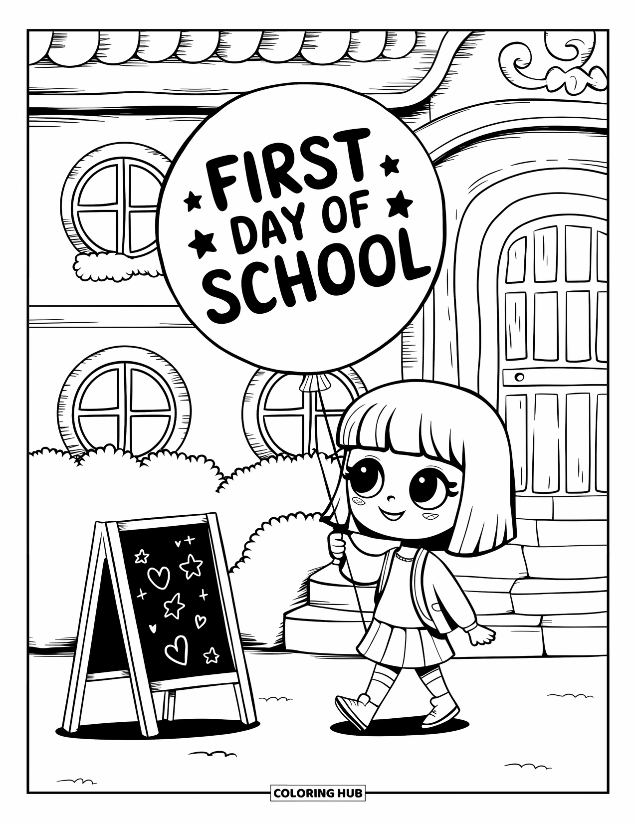 First Day Of School Coloring Page for Adults: A smiling girl walks toward school with a balloon and doodled chalkboard near the steps