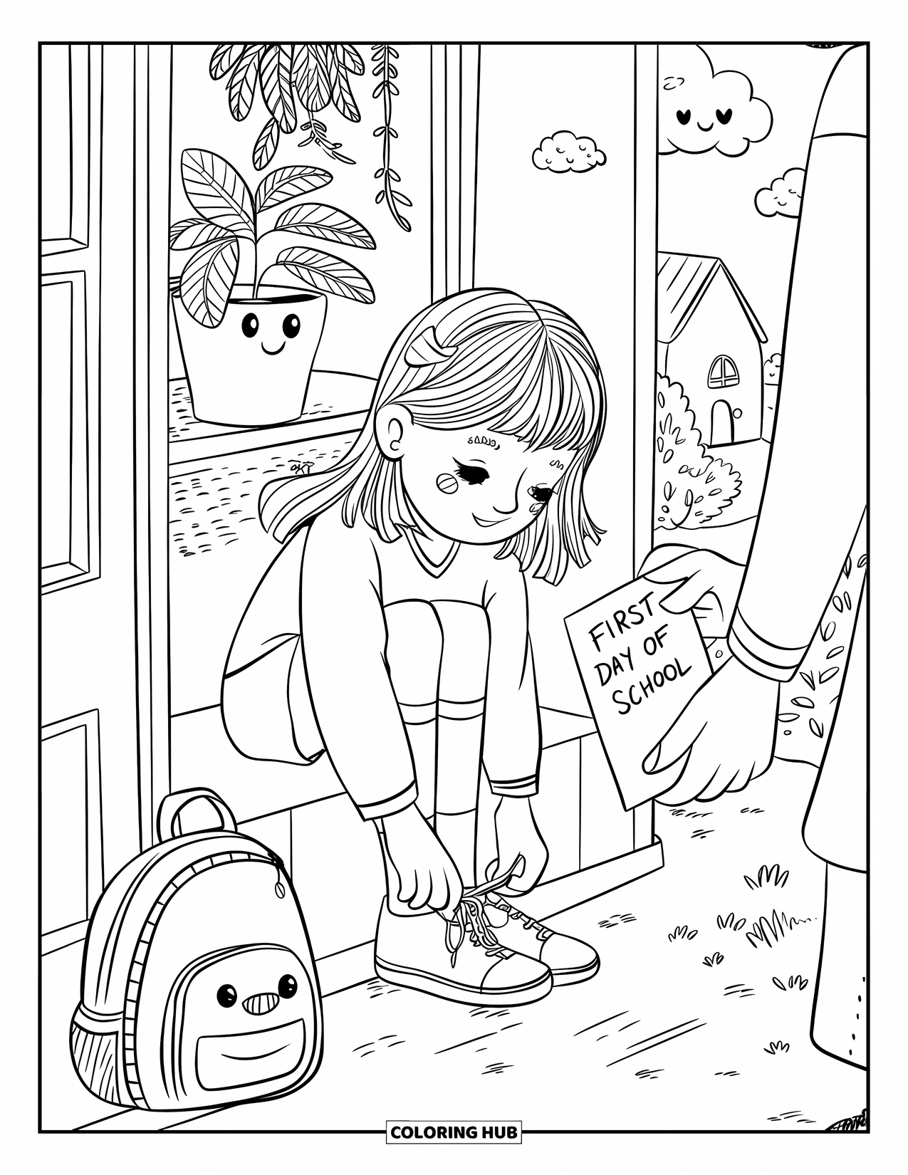 First Day Of School Coloring Page for Adults: A smiling plant hangs above as a girl ties her shoes and gets a school letter
