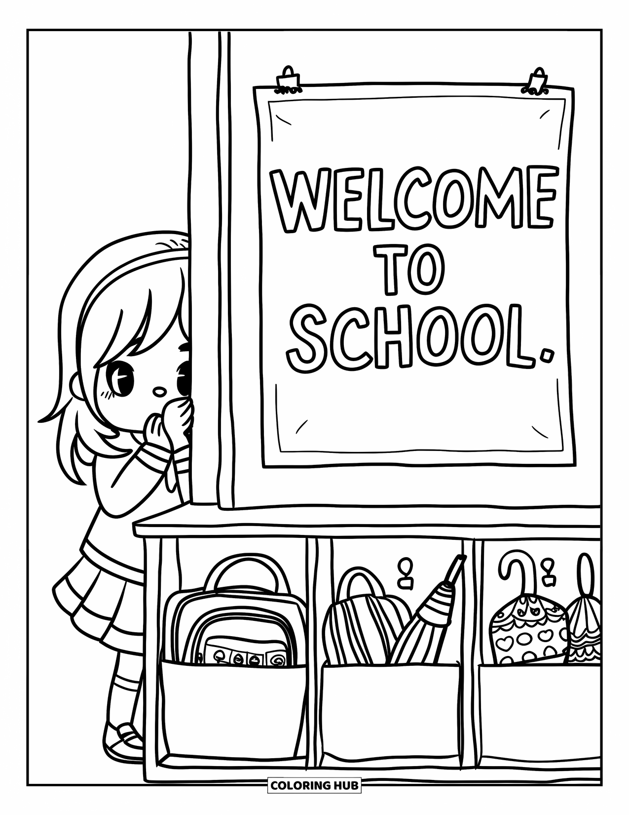 First Day Of School Coloring Page for Adults: A student peeks from a classroom door with a "Welcome to School" sign and cute cubbies
