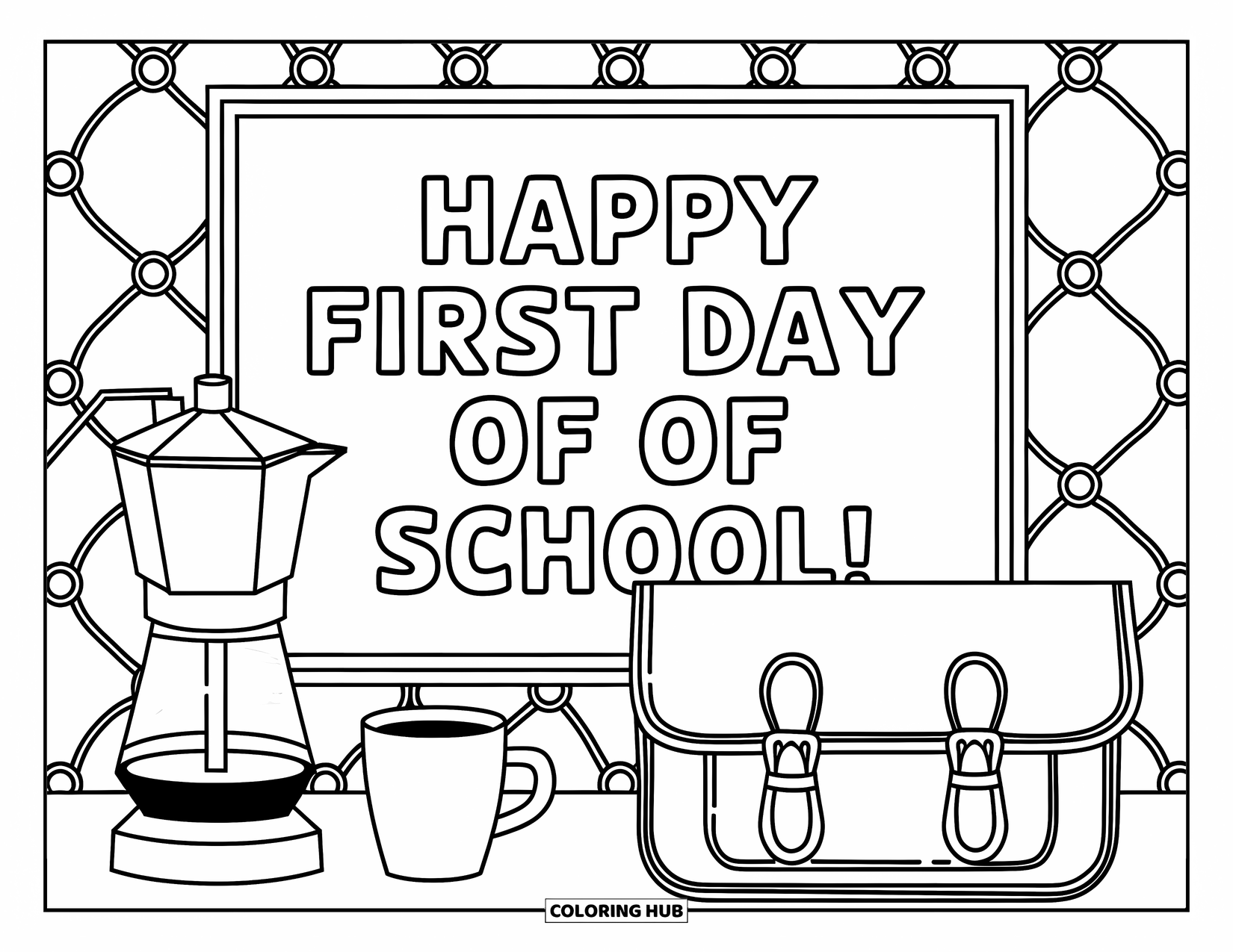 First Day Of School Coloring Page for Adults: A teacher's lounge with coffee, a satchel, and a bulletin board that says "Happy First Day!"