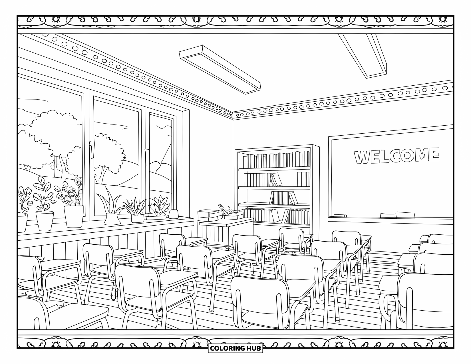 First Day Of School Coloring Page for Adults: A teacher's perspective of a classroom with chairs, books, potted plants, and a scenic view