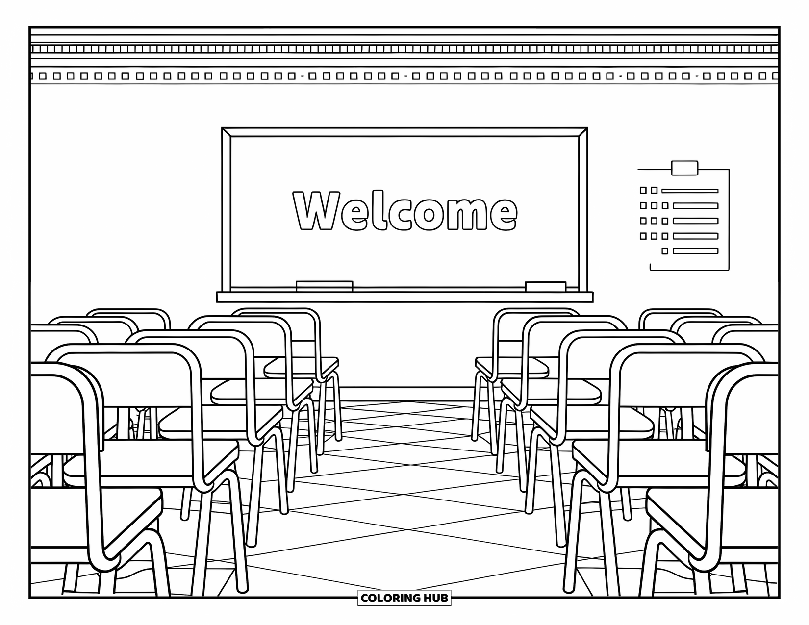 First Day Of School Coloring Page for Adults: A teacher's view of a classroom with neat chairs, attendance sheet, and welcome message