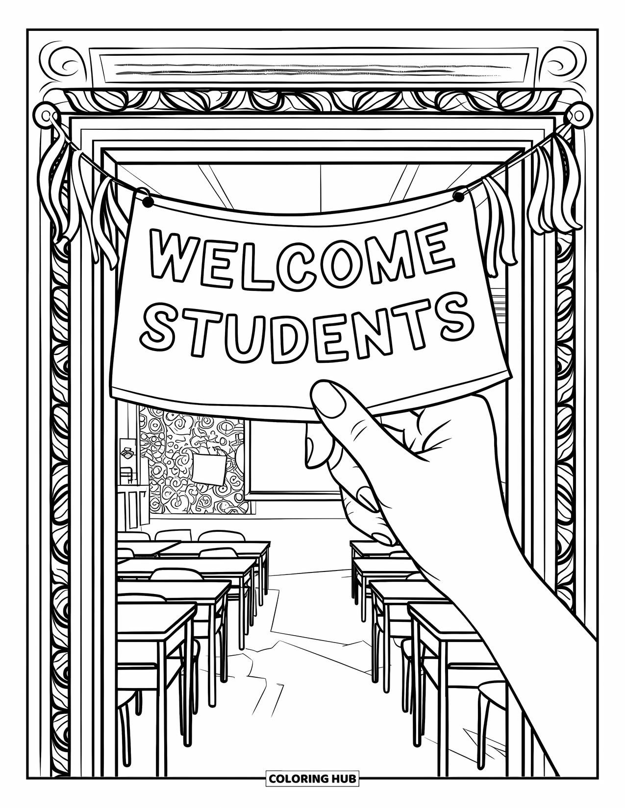 First Day Of School Coloring Page for Adults: A welcome banner is pinned above a classroom door with streamers, desks, and artistic elements