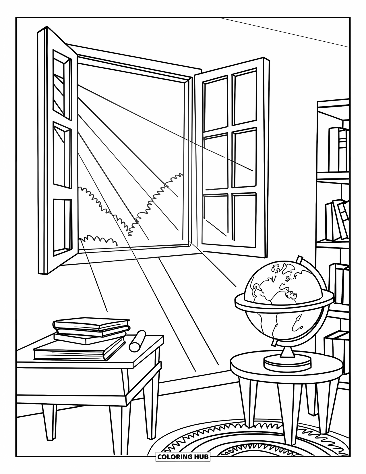 First Day Of School Coloring Page for Adults: An open window lights a classroom corner with globe, books, a desk, and a rug