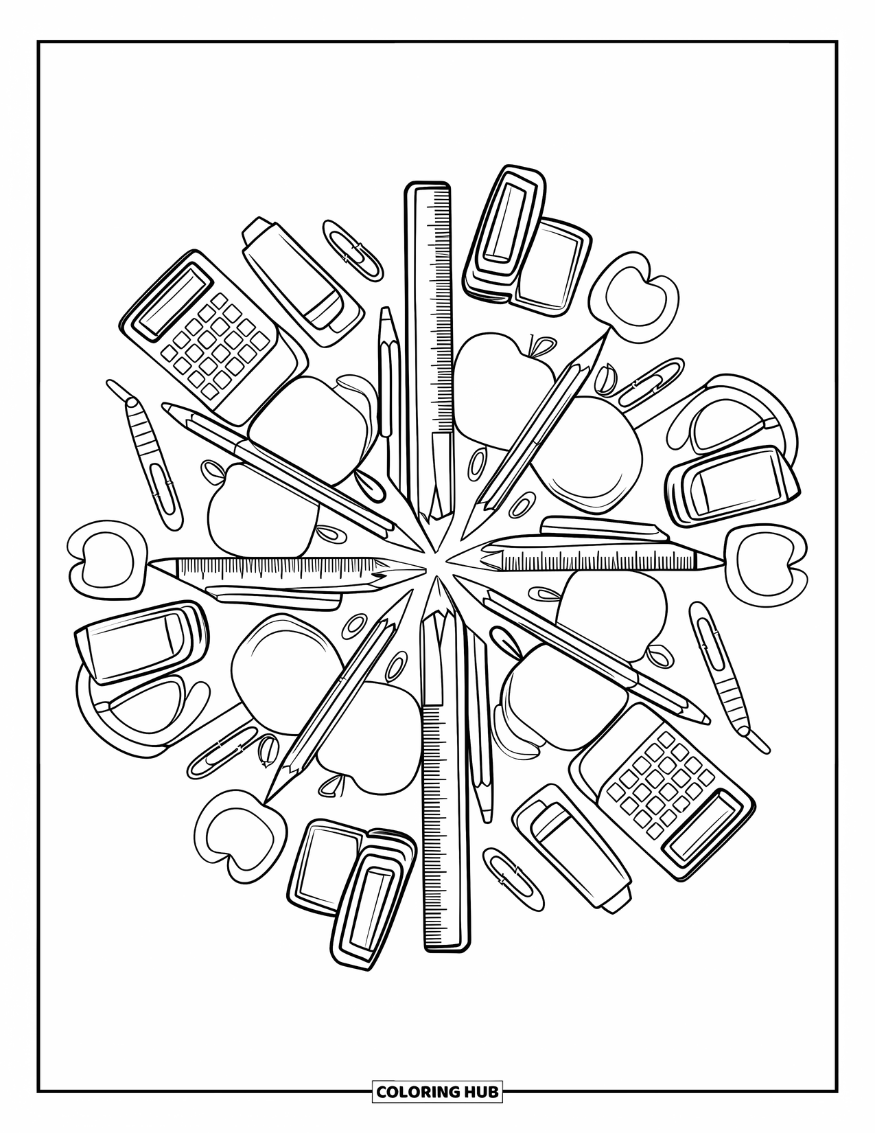 First Day Of School Coloring Page for Adults: Intricate mandala formed from school supplies like pencils, rulers, apples, and paperclips
