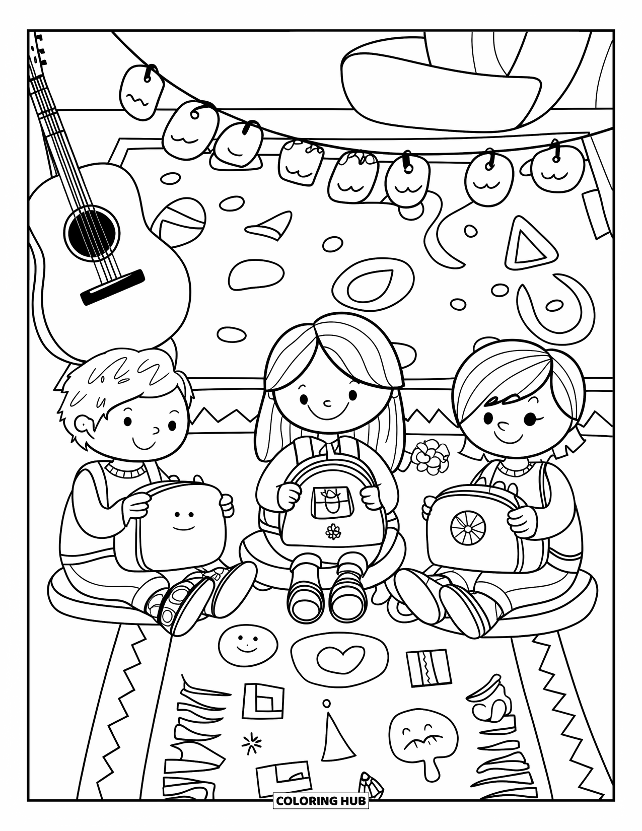 First Day Of School Coloring Page for Adults: Kids sit in a circle with a guitar and fun props as they share their show-and-tell