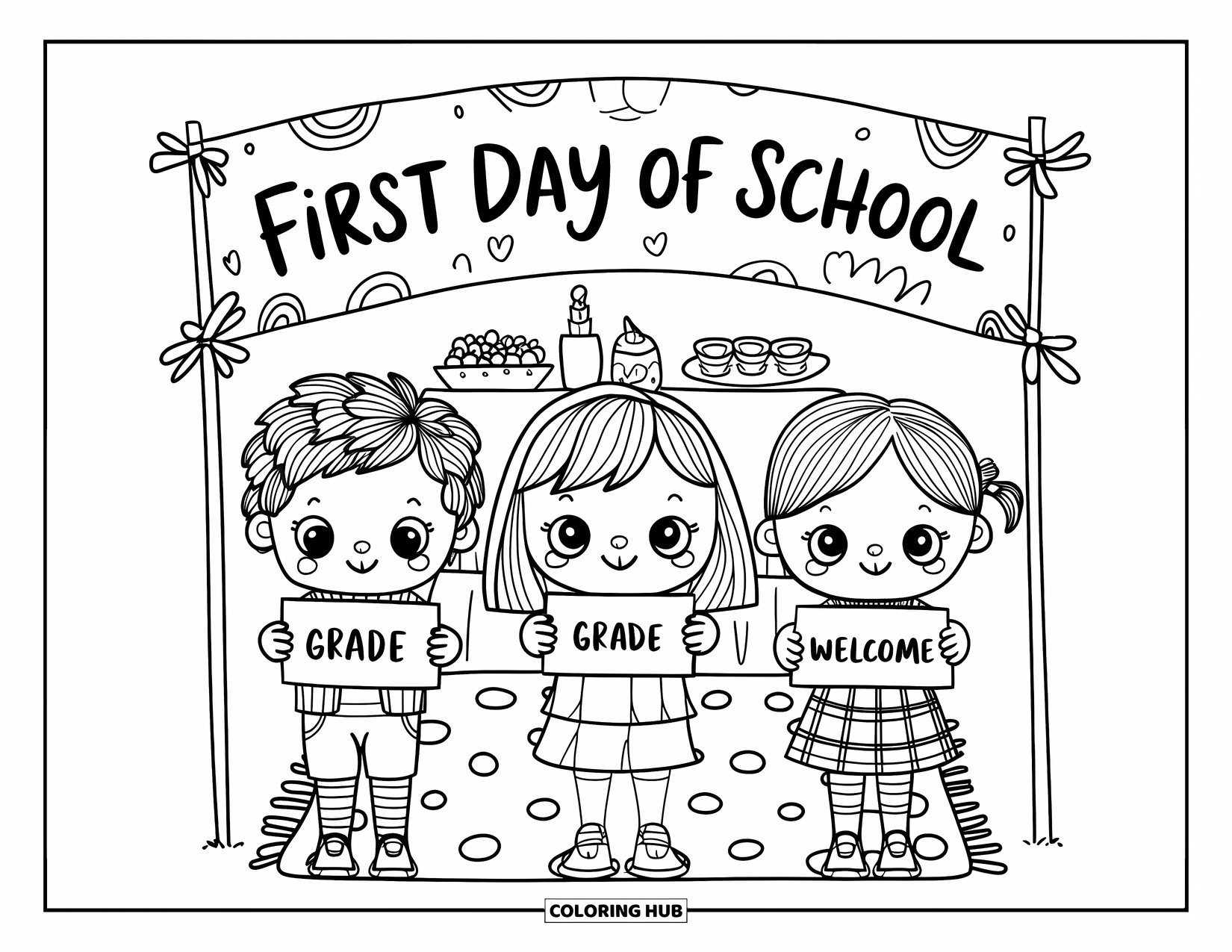 First Day Of School Coloring Page for Adults: Three kids hold grade signs under a school banner with snacks and a polka-dot rug