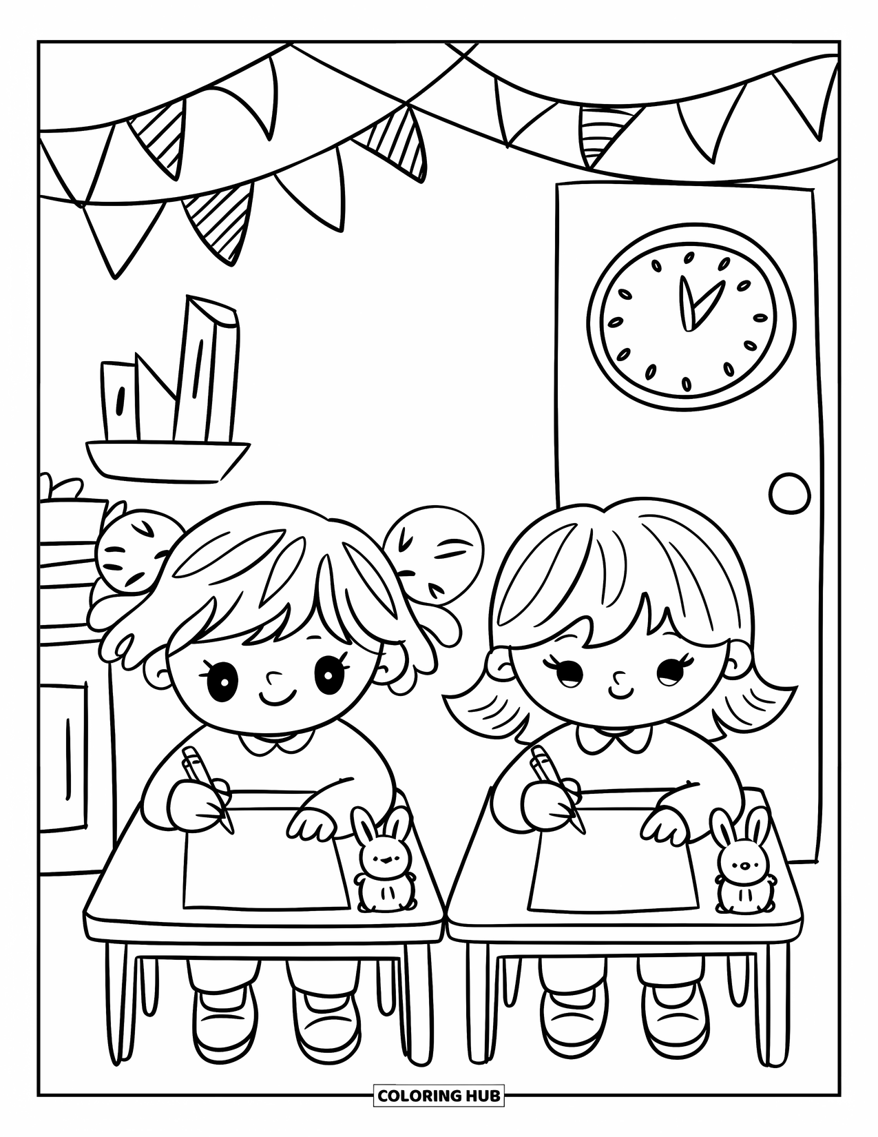 First Day Of School Coloring Page for Adults: Two children write at low desks with a clock ticking and playful classroom details nearby