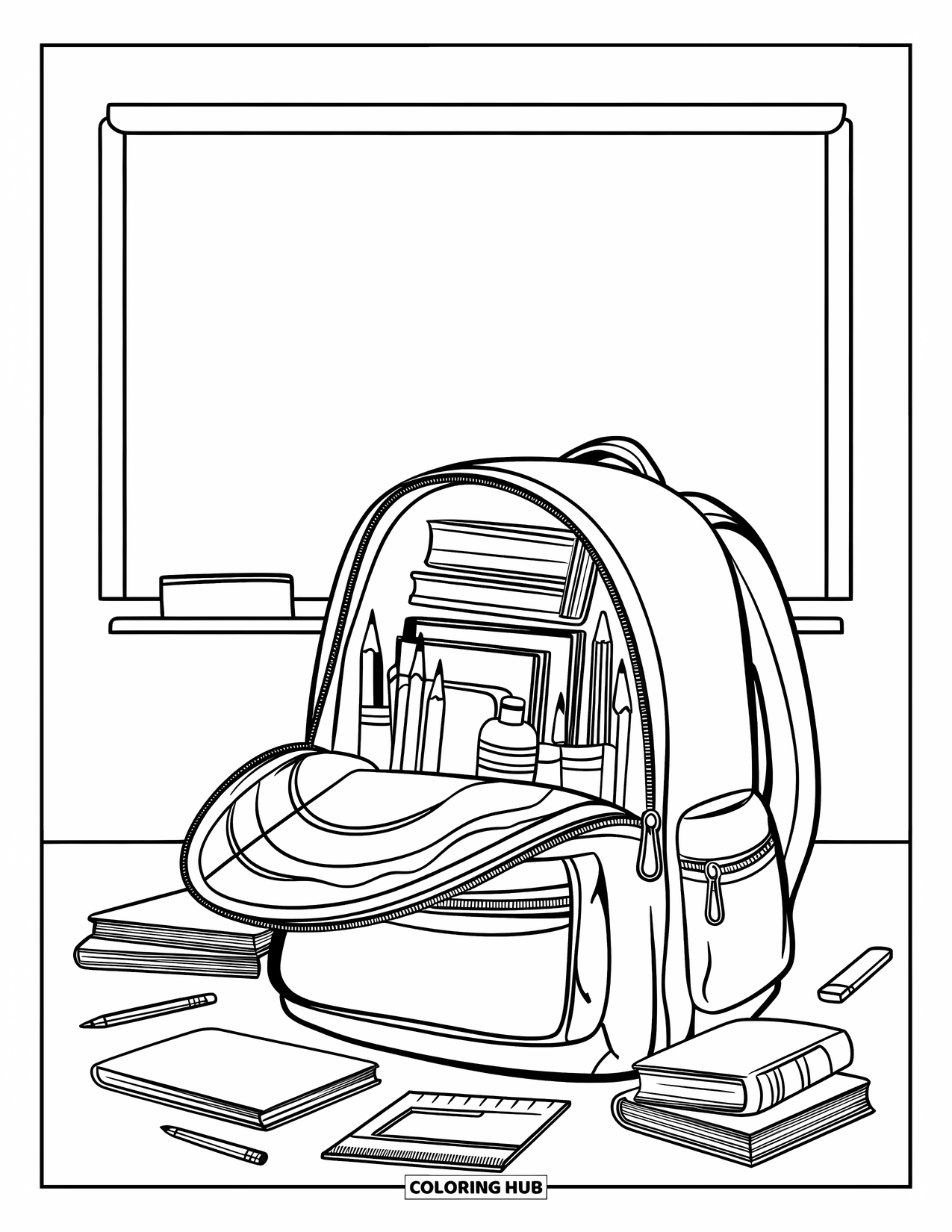 First Day Of School Coloring Page for Kids: A backpack on the ground is surrounded by school supplies and a whiteboard message