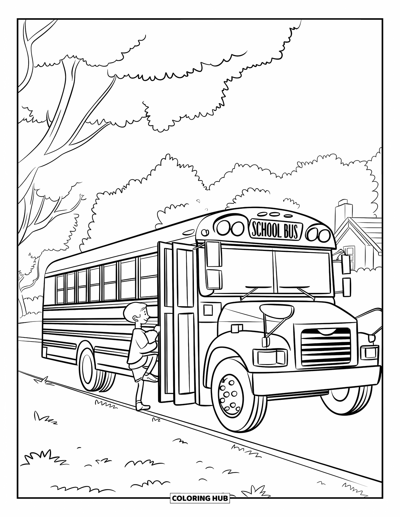 First Day Of School Coloring Page for Kids: A child climbs aboard a school bus parked near trees and houses