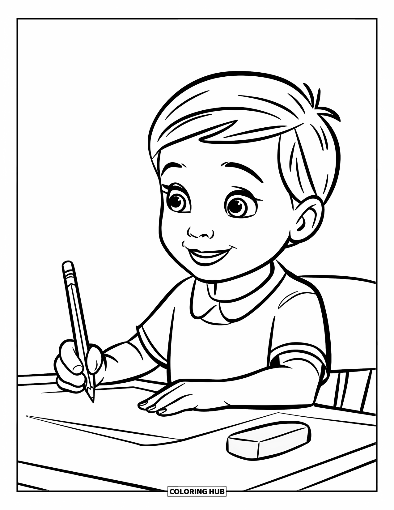 First Day Of School Coloring Page for Kids: A child with a bright smile holds a pencil while sitting at a desk