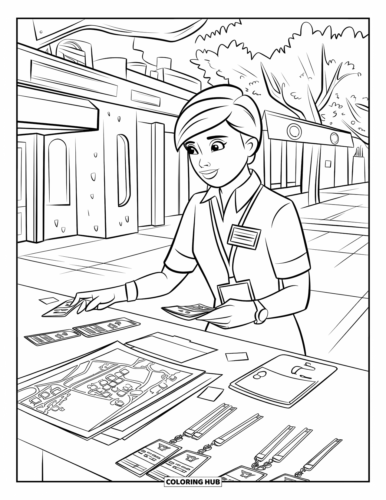 First Day Of School Coloring Page for Kids: A helper with a nametag gives out flyers near a school building and sidewalk