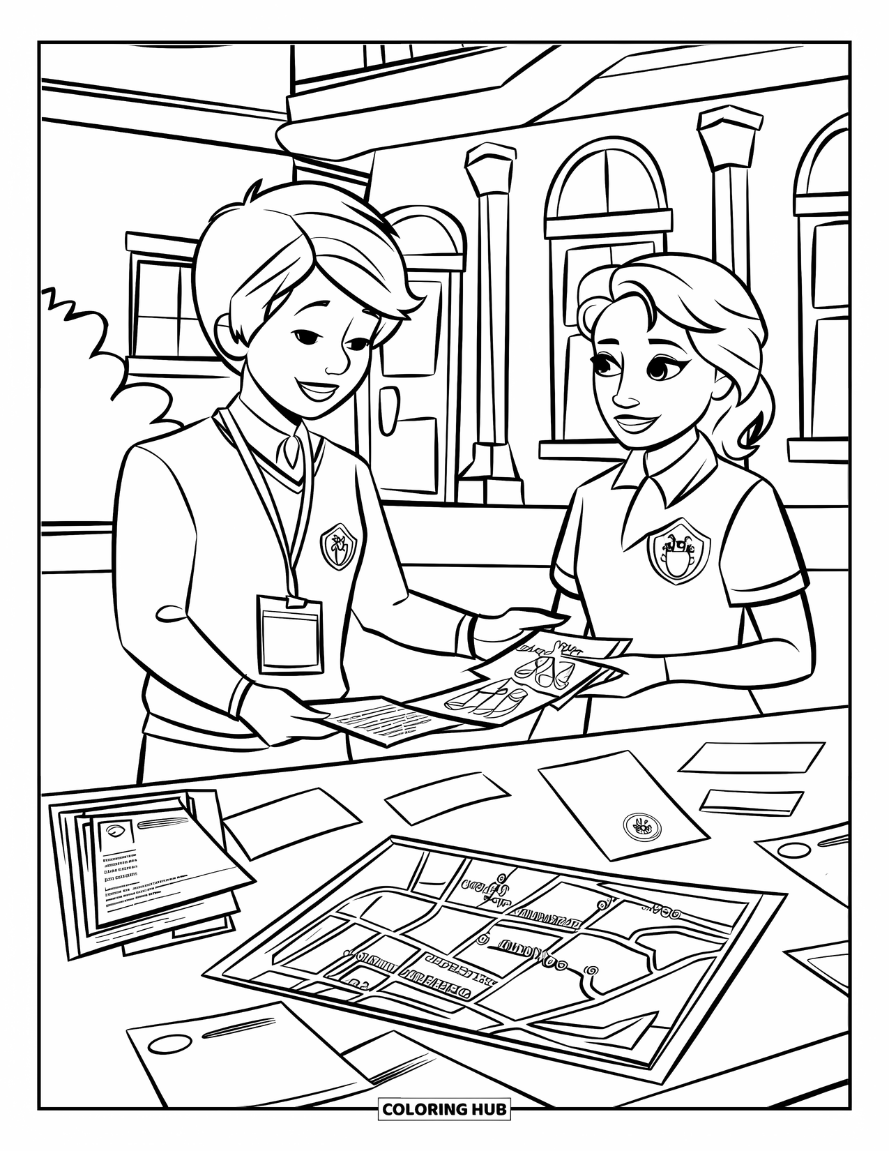 First Day Of School Coloring Page for Kids: A helper with a nametag shares flyers at a school orientation in front of arched windows