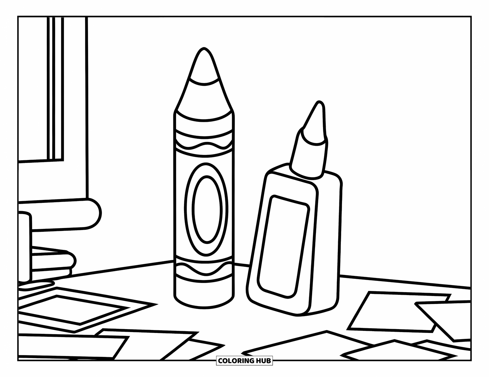 First Day Of School Coloring Page for Kids: A large crayon and glue stick stand on a desk with scattered papers