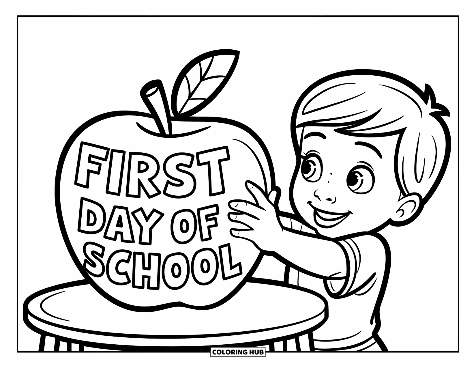 First Day Of School Coloring Page for Kids: A smiling child reaches for an apple sitting on a small table