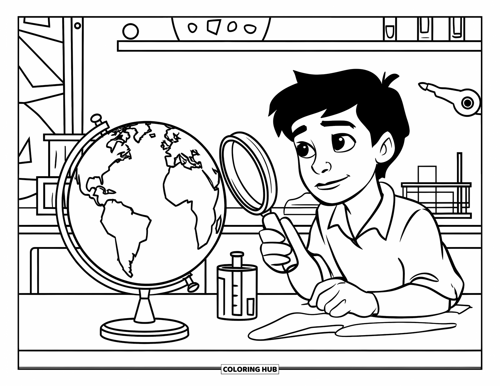 First Day Of School Coloring Page for Kids: A student in a lab examines a globe and magnifying glass at a science station