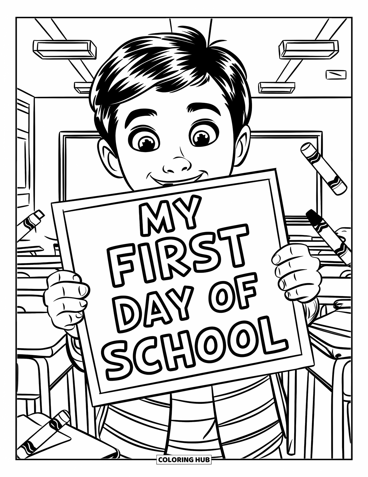 First Day Of School Coloring Page for Kids: A student in striped shirts holds their "First Day" paper in a classroom with crayons