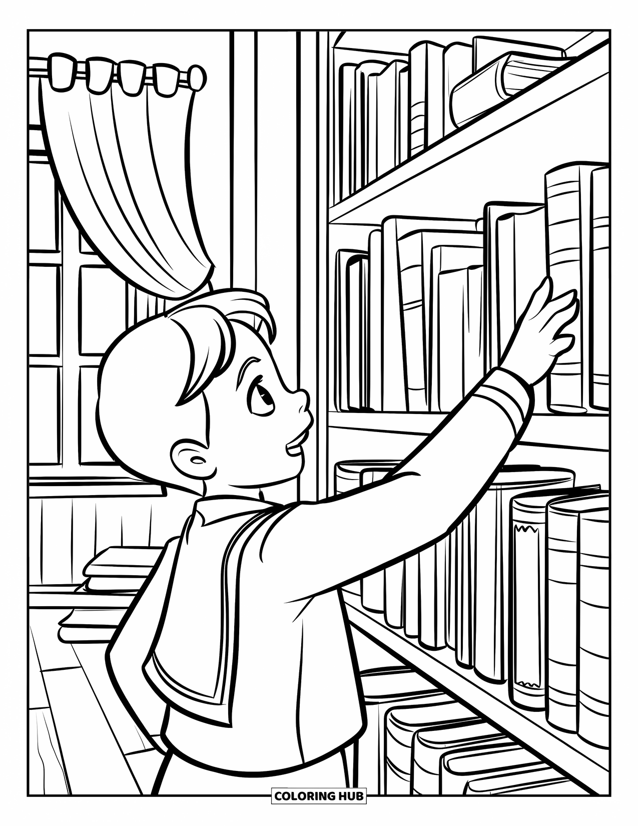 First Day Of School Coloring Page for Kids: A student reaches for a book on a tall shelf in a cozy, book-filled room
