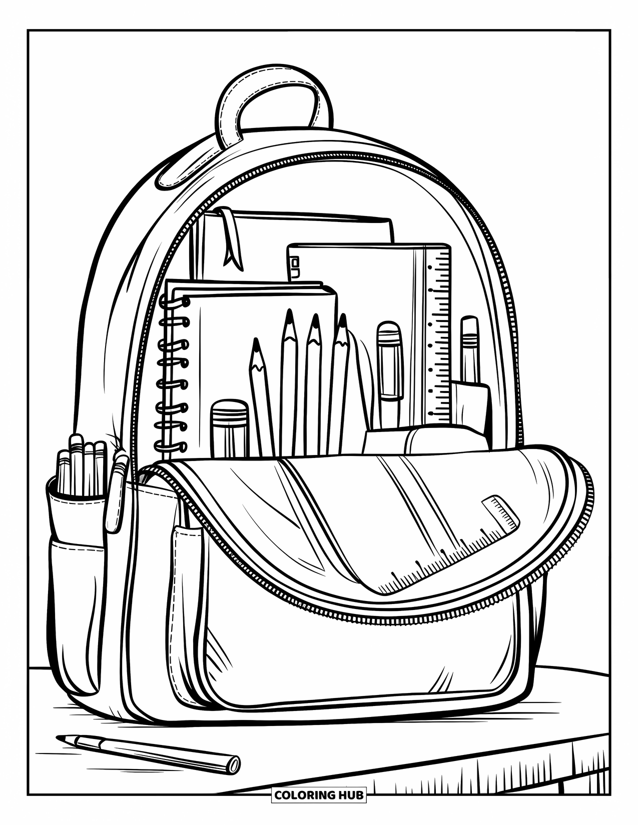 First Day Of School Coloring Page for Kids: A table holds an open backpack neatly filled with school supplies
