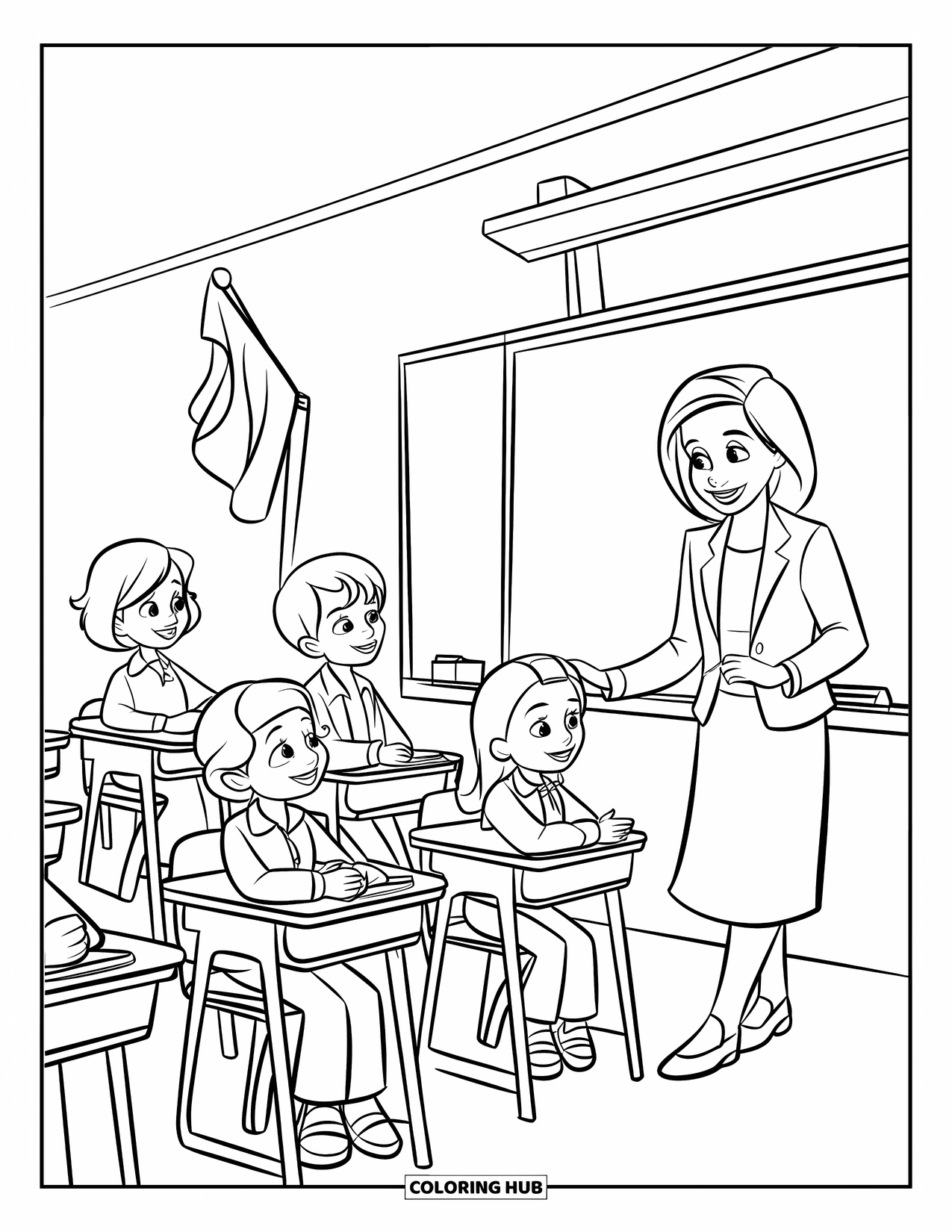 First Day Of School Coloring Page for Kids: A teacher smiles while greeting students entering the classroom one by one