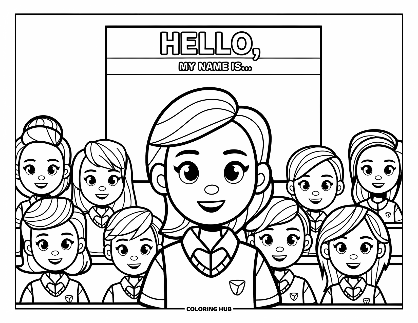 First Day Of School Coloring Page for Kids: A teen stands nervously before classmates with a whiteboard that says "Hello, my name is..."